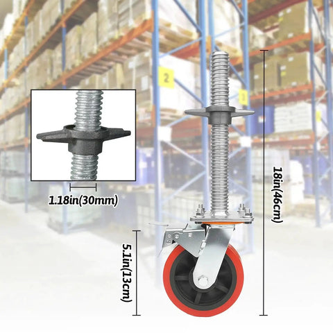 Close-up of 4 Pack 6 Inch Leveling Scaffolding Wheels With 360 Degree Rotating Casters And Dual Locks, Heavy Duty Scaffold Leveling Jacks, Height Adjustable Up To 9.06 Inches, 1.2 Inch OD Scaffold Screw With Brake in warehouse setting