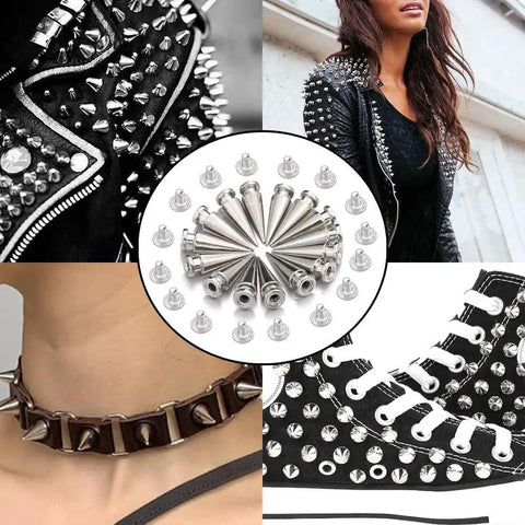 10 Screwback Studs 7x14mm Round Cone Spikes Zinc Alloy Rivets For Clothes Shoes displayed with fashion items