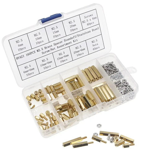 160 Pieces M2.5 Brass Spacer Standoff Kit With Stainless Steel Screws And Nuts Male Female Assortment Hex Standoffs Plastic Box