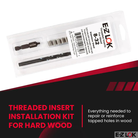 Wood Thread Repair Kit For Soft Wood With Stainless Steel Threaded Inserts And 8-32 Knife Thread Inserts (10) Includes Drill And Installation Tool For Easy Setup And Restoring Strong Machine Threads In Wooden Projects.