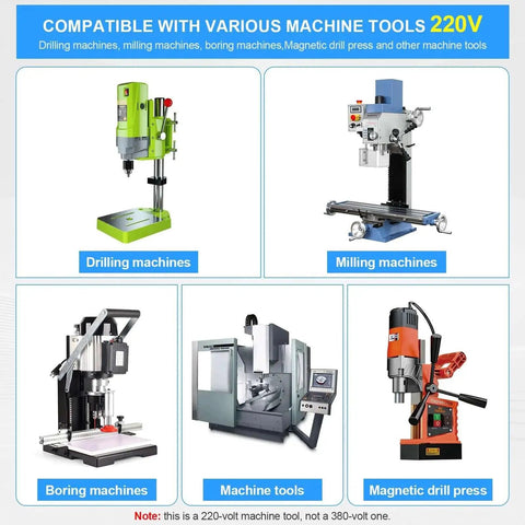 Various machine tools including drilling, milling, boring, and magnetic drill press compatible with 220V power supply.