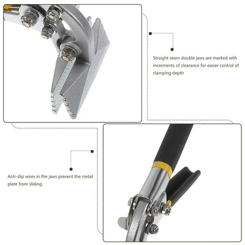 Close-up of 3 Inch Manual Sheet Metal Bender And Straight Jaw Hand Seamer, detail of jaws and handle, lightweight design.