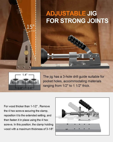 Adjustable Pocket Hole Jig Kit for wood thickness from 1/2 to 3-1/8 inches, with drill guides for hidden joints.