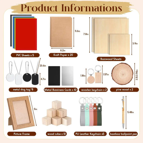 All In One 76 Piece Laser Material Explore Kit For Engraving Essentials With wood, metal, and PU leather kits displayed