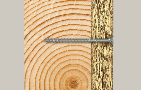 Power Fast II Wood Screws 4 X 25 Mm installed in wood, showing the triple threaded tip and zinc finish for quick entry and secure fastening.