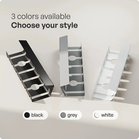 Under Desk Cable Management Tray Set Of 2 in black, grey, and white, showing beveled design and color options for office use.