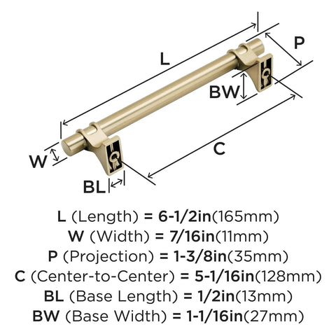 Davenport Champagne Bronze Cabinet Pull Six and a Half Inch Overall Length Five and One Sixteenth Inch Center to Center diagram