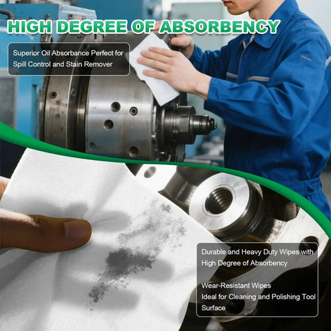 Technician using 9x9 Cleanroom Wipes 300 PCS Grade B 56 GSM Nonwoven for machinery maintenance, highlighting absorbency and durability.
