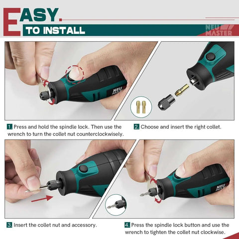 Steps for installing collet on Powerful 180W Rotary Tool Kit With Corded Power 160 Accessories 6 Variable Speeds From 10000 To 35000 RPM.
