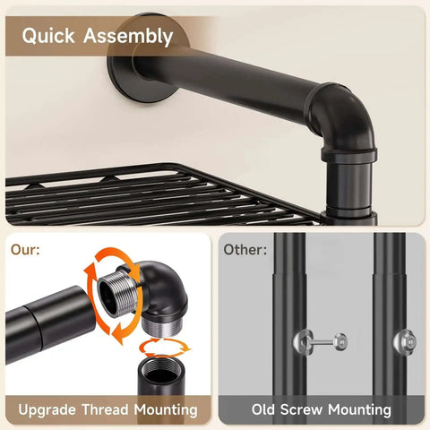 Industrial Pipe Wall Mounted Garment Rack With Walk In Closet System, Four Expandable Rods And Six Adjustable Shelves, close-up of assembly