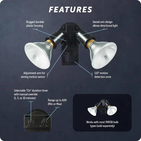 Diagram of Dual Head Motion Sensor Security Flood Light 240W 110 Degree Detection 60 Foot Range with features labeled