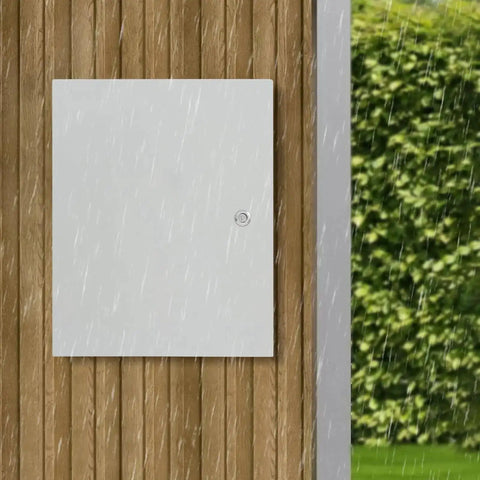 Durable Outdoor Electrical Box Lockable Enclosure, IP55 Waterproof NEMA Steel Case on wooden wall in rain