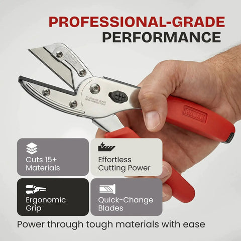 Hand holding Versatile Quick Change Utility Cutter with Multicut Blade, showcasing professional-grade, ergonomic design for cutting various materials.