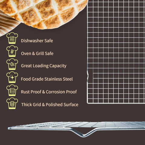 Two Pack Stainless Steel Cooling Rack For Baking 16x10 Inches, visible with features list and bread on top