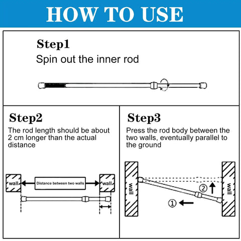Installation guide for Four Pack Sliding Door Security Bars With Rubber Tips Extendable Tension Rods Adjustable From 15.7 To 27.6 Inches Black For Child Safety And Home Security Fits Most Sliding Doors And Windows, showing steps to set rod length and fit between walls.