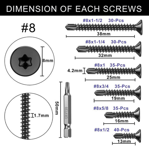 Size chart for Heavy Duty Torx Drive Self-Tapping Screws for Metal With Flat Head 410 Stainless Steel Black Dacromet Coated TEK Screws Set