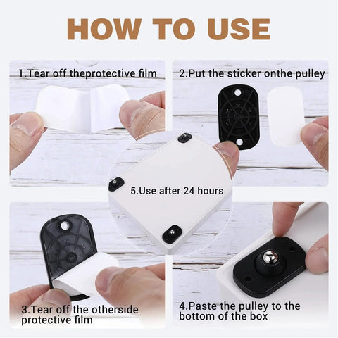 Installation steps for Self Adhesive Caster Wheels Set 16 Pieces with 360 Degree Swivel, showing adhesive film removal and placement.