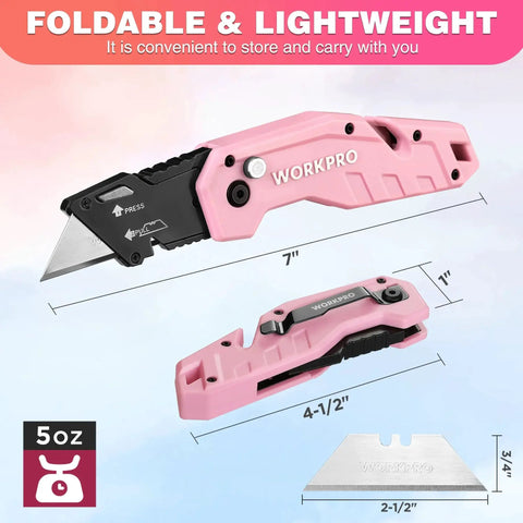 Folding Utility Knife With Quick Change Pink Handle And 10 Extra Blades, shown unfolded and folded with blade size measurements.