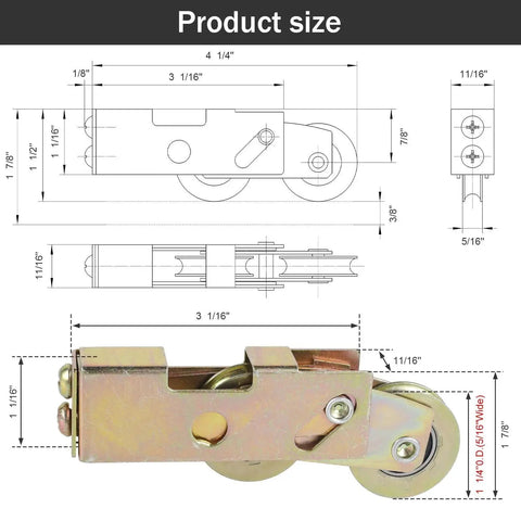 Replacement Kit For Sliding Door Rollers With 1-1/4 Inch Tandem Roller Assembly, product size diagram and roller structure.