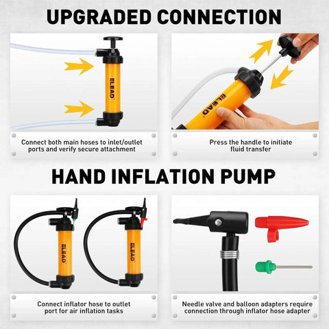 Steps showing Gas Siphon Pump Multi Use Fuel Transfer Tool With Inflator Hose Needle Valve in use and component details