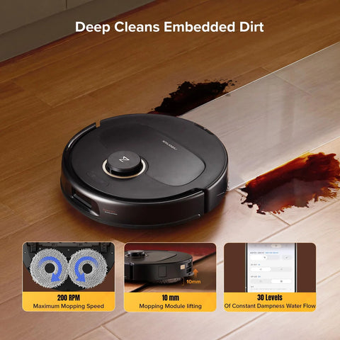 roborock Qrevo S5V robot vacuum and mop on wooden floor; black circular body cleaning a spill.