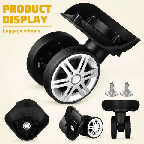 4 Pcs Universal Suitcase Wheel Replacement Set Heavy Duty Luggage Casters Quiet Dual Row Design Black displayed with screws