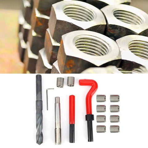 15 Piece Helicoil Thread Repair Kit M14x1.5 Female Thread Inserts Accessory Set tools on display with nuts, carbon steel build