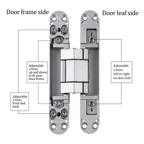 Front view of Hidden Door Hinges 6 Inch Heavy Duty Concealed Zinc Alloy 180 Degree Swing 3 Way Adjustable Butt Hinge For Secret Doors Low Profile Stealth Design Invisible Door Hardware Silver 2 Pack.