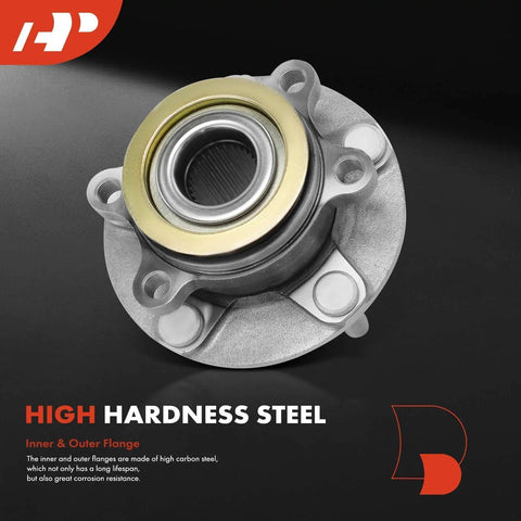 Two Front Wheel Bearing And Hub Assembly 5-Lug Compatible With Nissan Rogue 2008-2013, Rogue Select 2014-2015, Sentra 2007-2012 OEM-Grade Replacement Heavy-Duty Hub And Bearing Unit For A Smooth Ride And Long-Lasting Performance, high hardness steel inner and outer flange visible.