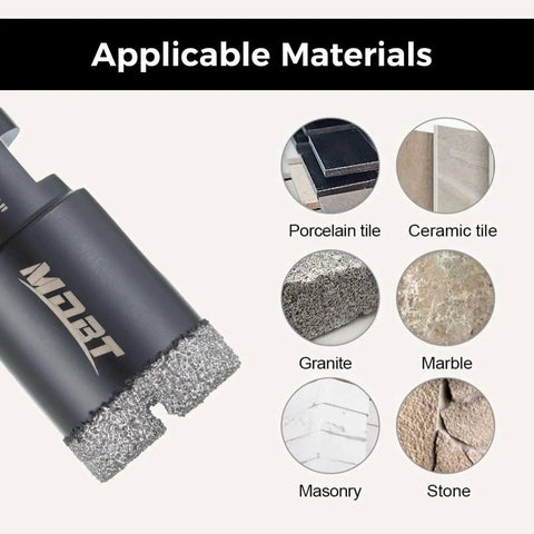 Two Pack Diamond Core Drill Bits Six Millimeter One Quarter Inch Diameter For Porcelain Ceramic Tile Marble Brick With Vacuum Brazed Five Eighths Inch Thread For Angle Grinders And Wet Polishers Tile Hole Saw Kit showing applicable materials like porcelain tile, ceramic tile, granite, marble, masonry, stone.