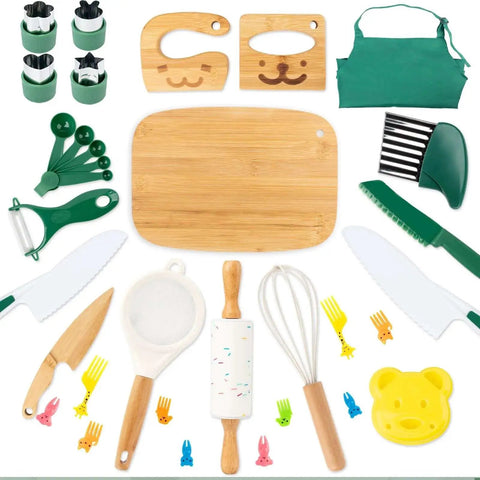 20 Piece Kids Safe Knife Set For Real Cooking, Montessori Kitchen Tools For Toddlers, Cooking And Baking Kit For Little Chefs, Kid Kitchen Knife And Crinkle Cutter, Kid Apron For Girls And Boys displayed in a top-down view with cutting board, knife, whisk, apron, and more.