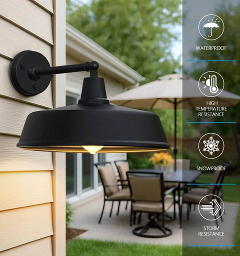 Heavy Duty 18 Inch Outdoor Barn Gooseneck Light With Vintage Farmhouse Style Wall Mounted Exterior Fixture For Homes Porches And Garages Weatherproof Iron Construction Classic Rustic Porch Lantern For Outdoor Living installed on a house wall