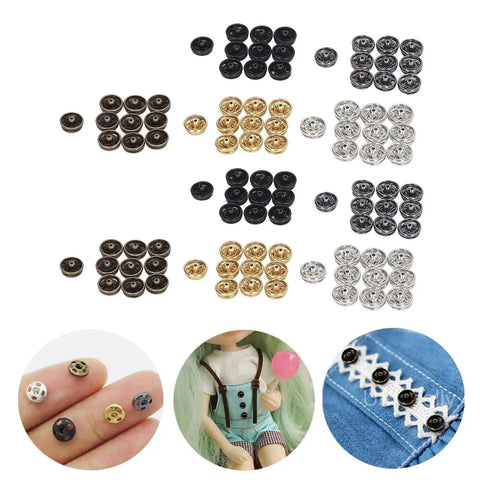 Image of a 100 Pack 5mm Mini Metal Snap Buttons Sew On Fasteners in 5 Colors for Clothing, Accessories, Dolls and Craft Projects, displayed.