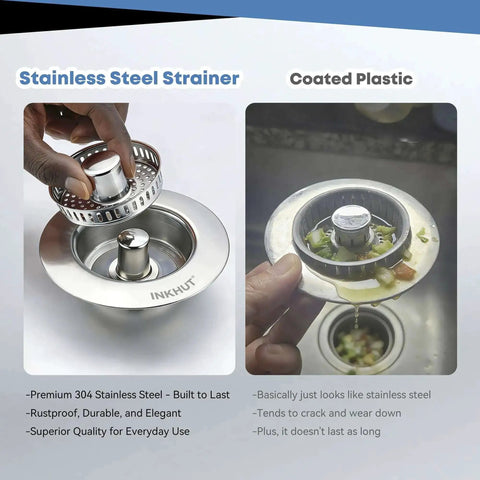 Comparison between Three In One Kitchen Sink Drain Strainer Stopper Basket With Odor Filter And Anti Clog Tech Stainless Steel and plastic strainer.