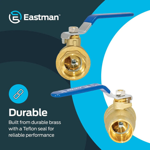 Heavy Duty Full Port Brass Ball Valve For 1 Inch Sweat Connections In Line Plumbing Fitting For Copper Piping In Residential And Commercial Systems Eastman 20065LF Delivers Maximum Water Flow With Minimal Pressure Loss And No Fuss In Line Install. Front view of valve with blue handle.