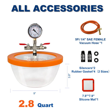 BACOENG 2.8 Quart glass vacuum chamber with orange lid, includes gauge, 5ft hose, silencers, gaskets, silicone mat