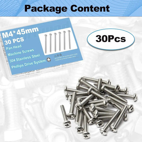 30 Pcs M4x45mm Pan Head Phillips Machine Screws 304 Stainless Steel Fully Threaded 1.75 In For Furniture Repairs And 3D Printers In A Durable Plastic Storage Box.