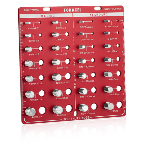 28 Thread Checker Tool For Nuts And Bolts Screw Identifier With 14 Metric And 14 Standard Sizes Rugged Square Design For Mechanics And DIY Projects Red front view showing bolt and nut gauge sizes.