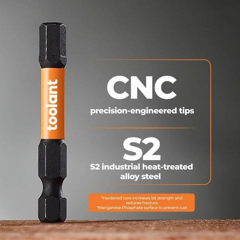 Impact Hex Bit Set 3/16 Inch 10 Piece With 1/4 Inch Hex Shank 2 Inch Long S2 Steel CNC Machined Tips Magnetic, close-up on CNC tips