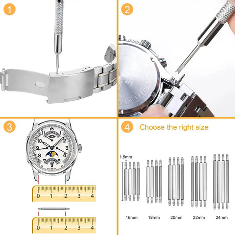 Watch Link Removal Tool Kit For Band Adjustment And Replacement, Pro Grade Watch Repair Set being used to adjust watch bracelet size