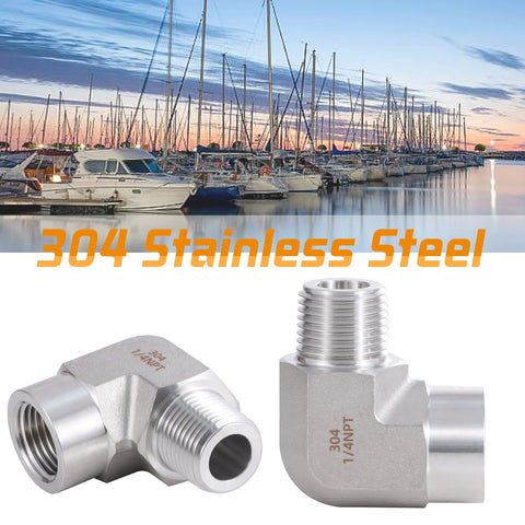Stainless steel 304 pipe elbow fittings, 90-degree street elbow, 1/4 NPT male x 1/4 NPT female, two-pack.