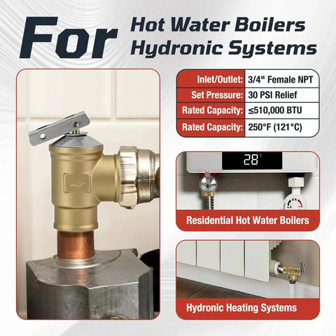 3/4 Inch FNPT Female Inlet And Outlet Automatic 30 PSI Pressure Relief Valve on hot water boiler system