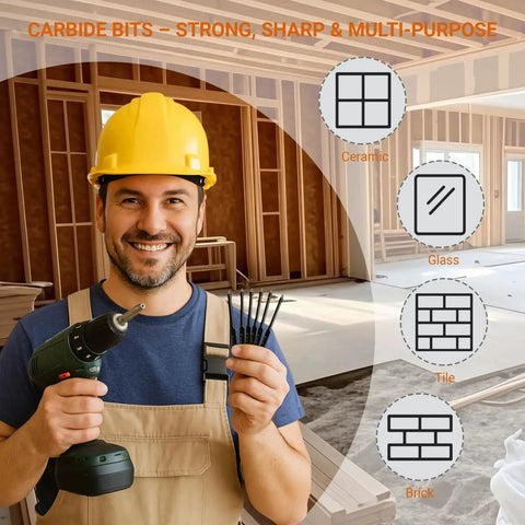 Man in construction holds drill with Pro Grade Three Sixteenth Inch Glass And Tile Drill Bit Set Ten Piece Tungsten Carbide Tipped Spear Cutter