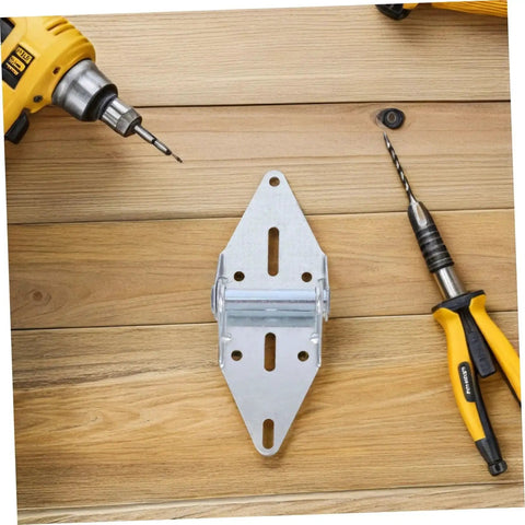 Beefy 2 Pack Heavy Duty Garage Door Hinges with drill and screwdriver on wooden background for residential and light commercial use