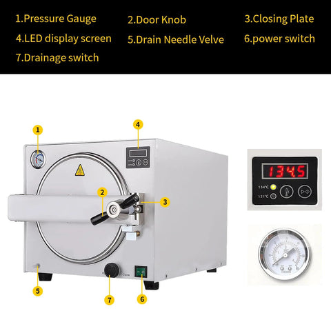 DEVALLEY 18L stainless autoclave with front digital control panel, pressure gauge, and door handle