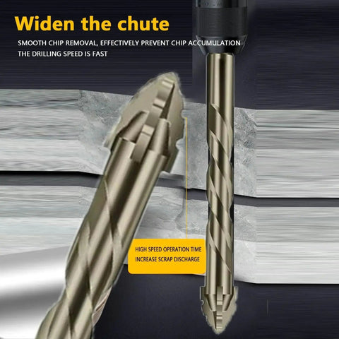 Close-up of a 5 Piece 4 Tooth Eccentric Drill Bit Set for Concrete Glass Cast Iron Tile Wood and Metal Heavy Duty High Strength.