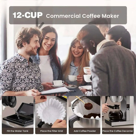 12 Cup Commercial Drip Pour Over Coffee Maker With Two Glass Carafes And Warmers Stainless Steel Brew Station in use