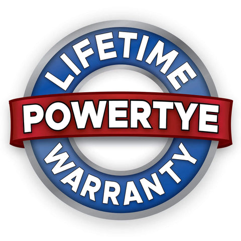 Lifetime warranty badge for Powertye with blue background and red ribbon