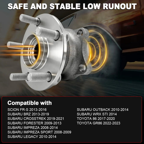 Rear Wheel Bearing Hub Assembly Fits BRZ FRS 86 GR86 And Five Lug Subaru Toyota Scion Models 2013 2014 2016 For Crosstrek Forester Impreza Legacy Outback No Fuss Install And Long Lasting Durability, showing side view with 4-bolt pattern and vehicle compatibility chart.
