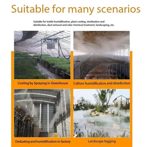 Collage of misting systems in greenhouse, factory, and outdoor landscape, showcasing uses of Cleaning Nozzle With Ultra Fine Atomization.